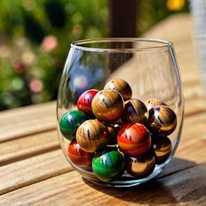 Painted small wooden balls inside a glass