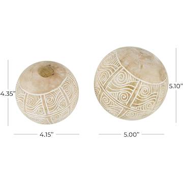 4 inch and 5 inch carved wooden spheres