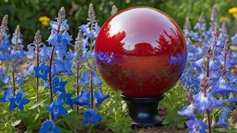 red gazing ball among blue bellflowers